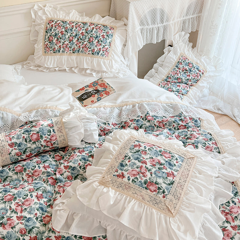 Vintage French White Rose European Patchwork Ruffles Bed Skirt Duvet Set, 100% Cotton Bedding Set