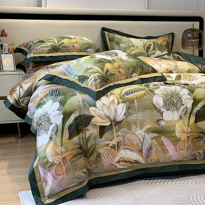 Nature Vintage Oil Painting Flowers Luxury Silky Duvet Cover, Egyptian Cotton 1000TC Bedding Set