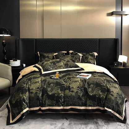 Green Red Vintage Pastoral Leaves Flowers Duvet Cover Set, 1000TC Brushed Cotton Bedding Set