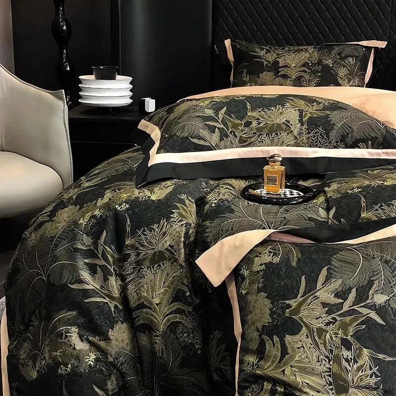 Green Red Vintage Pastoral Leaves Flowers Duvet Cover Set, 1000TC Brushed Cotton Bedding Set