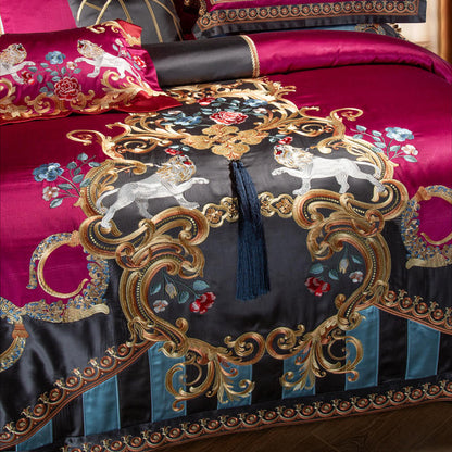 Luxury Lion Gold Vintage Silk Jacquard European Duvet Cover Set, Egyptian Cotton 1200TC Bedding Set
