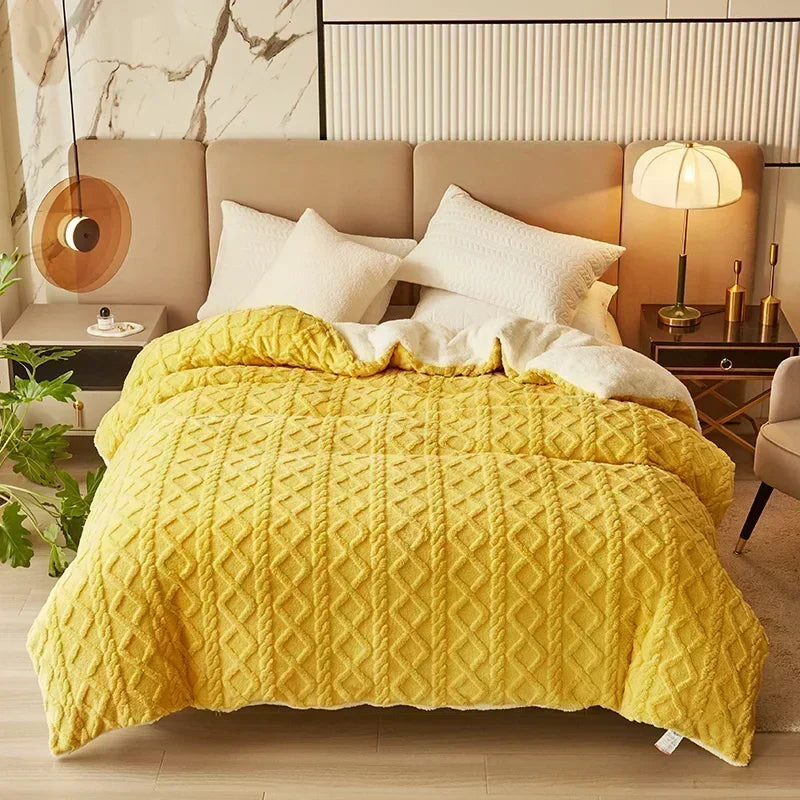 Cozy Yellow Pink Super Warm Blanket Winter Soft Fleece for Bedding Set