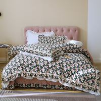 Thumbnail for Vintage Floral Rose Print Pattern Lace Ruffles Duvet Cover Set, Washed Cotton Bedding Set