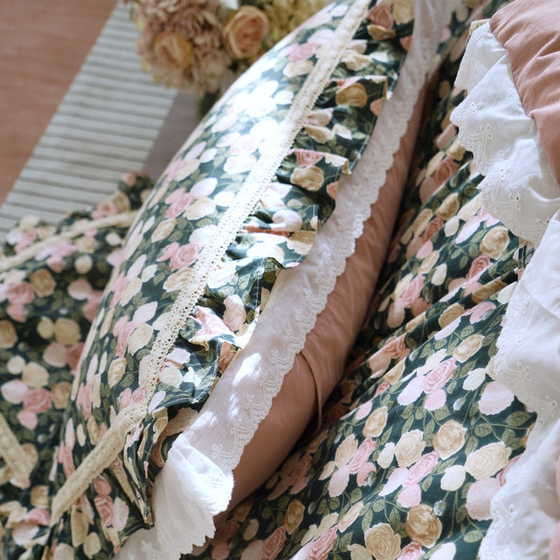 Vintage Floral Rose Print Pattern Lace Ruffles Duvet Cover Set, Washed Cotton Bedding Set