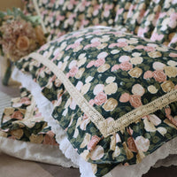 Thumbnail for Vintage Floral Rose Print Pattern Lace Ruffles Duvet Cover Set, Washed Cotton Bedding Set