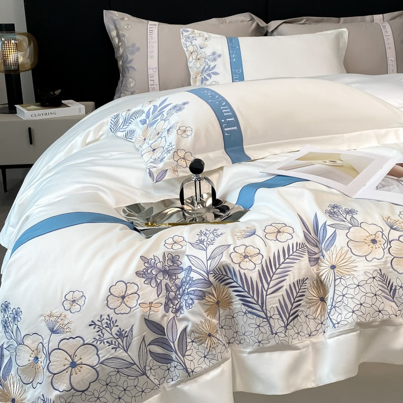 White Garden Flower Striped Luxury Embroidered Europe Duvet Cover Set, Egyptian Cotton Bedding Set