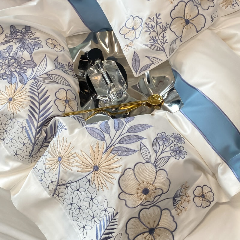 White Garden Flower Striped Luxury Embroidered Europe Duvet Cover Set, Egyptian Cotton Bedding Set