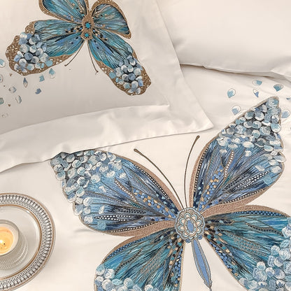 White Blue Butterfly Premium Embroidered Boys Girls Duvet Cover Set, 1000TC Egyptian Cotton Bedding Set