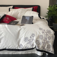 Thumbnail for White Black Red Rose Flower Luxury Black Rim Side Duvet Cover, 1000TC Egyptian Cotton Bedding Set