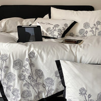 Thumbnail for White Black Red Rose Flower Luxury Black Rim Side Duvet Cover, 1000TC Egyptian Cotton Bedding Set