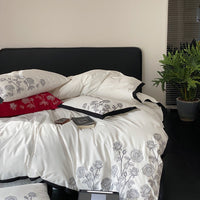 Thumbnail for White Black Red Rose Flower Luxury Black Rim Side Duvet Cover, 1000TC Egyptian Cotton Bedding Set