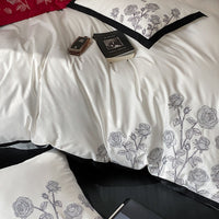 Thumbnail for White Black Red Rose Flower Luxury Black Rim Side Duvet Cover, 1000TC Egyptian Cotton Bedding Set