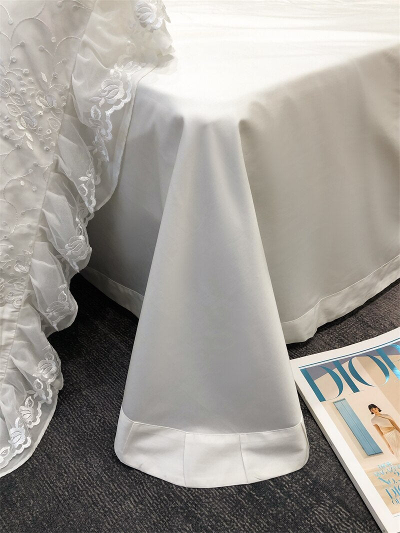 White Romantic Big Lace Edge Princess Wedding Ruffles Duvet Cover Set, 1000TC Egyptian Cotton Bedding Set