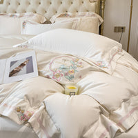 Thumbnail for White Flower Embroidered Premium Duvet Cover Set, 600TC Egyptian Cotton Bedding Set