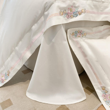 White Flower Embroidered Premium Duvet Cover Set, 600TC Egyptian Cotton Bedding Set