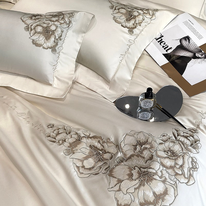 Luxury White Bloom Flower Chic Embroidered Duvet Cover Set, 1000TC Egyptian Cotton Bedding Set