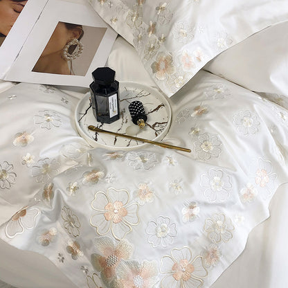 White Gold Luxury Flower Soft Satin Silky Chic Wedding Duvet Cover Set, 1000TC Egyptian Cotton Bedding Set