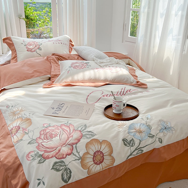 White Orange Rose Flowers Embroidered Duvet Cover Set, 1000TC Egyptian Cotton Bedding Set