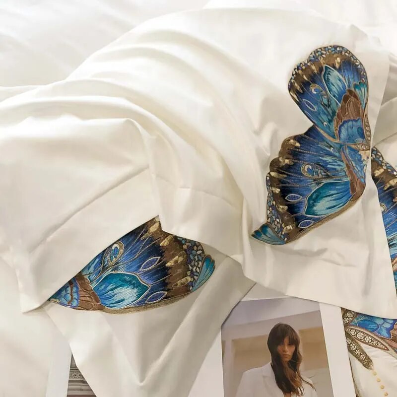 Luxury White Pink Butterfly Wedding Duvet cover Set, 1000TC Egyptian Cotton Bedding Set
