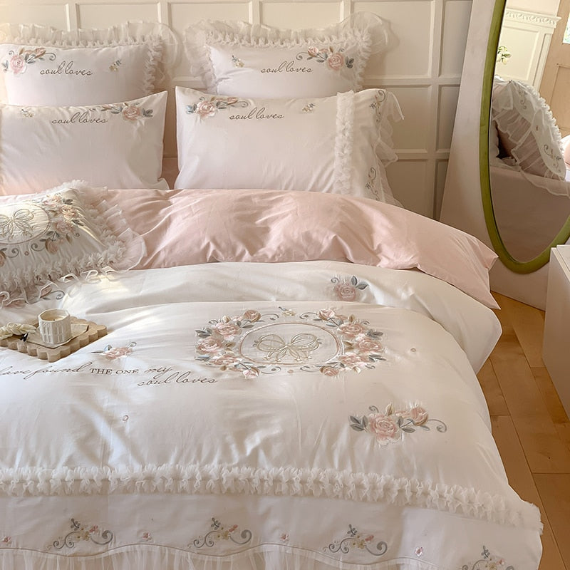 Luxury White Pink Rose Patchwork Lace Ruffles Wedding Duvet Cover, 1000TC Egyptian Cotton Bedding Set