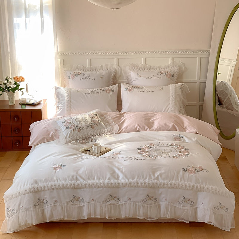 Luxury White Pink Rose Patchwork Lace Ruffles Wedding Duvet Cover, 1000TC Egyptian Cotton Bedding Set