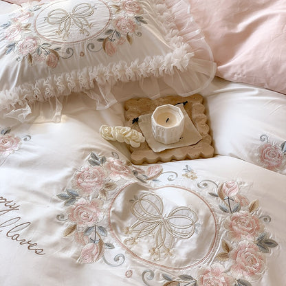 Luxury White Pink Rose Patchwork Lace Ruffles Wedding Duvet Cover, 1000TC Egyptian Cotton Bedding Set