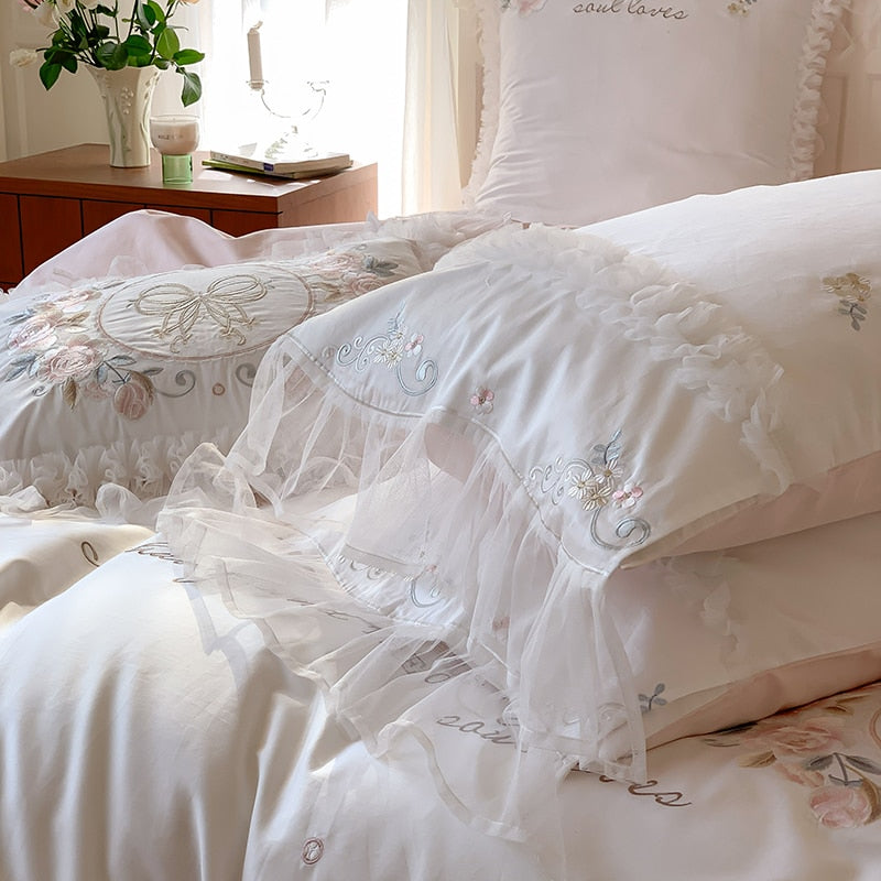 Luxury White Pink Rose Patchwork Lace Ruffles Wedding Duvet Cover, 1000TC Egyptian Cotton Bedding Set