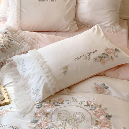 Luxury White Pink Rose Patchwork Lace Ruffles Wedding Duvet Cover, 1000TC Egyptian Cotton Bedding Set