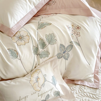 White Yellow Flower Nature Patchwork Embroidery Duvet Cover Set, 1000TC Egyptian Cotton Bedding Set
