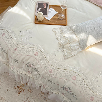 Luxury White Pink Patchwork Flowers Wedding Lace Girls Duvet Cover Set, 1000TC Egyptian Cotton Bedding Set
