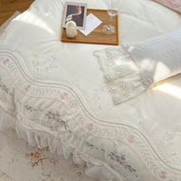 Thumbnail for Luxury White Pink Patchwork Flowers Wedding Lace Girls Duvet Cover Set, 1000TC Egyptian Cotton Bedding Set