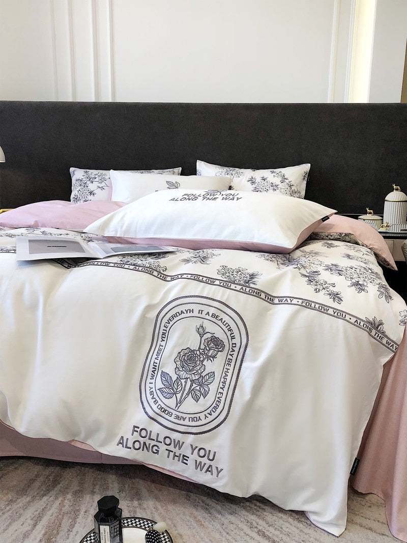 White Pink Rose Flower Patchwork French Embroidered Duvet Cover, 100% Cotton 100% Bedding Set
