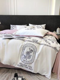 Thumbnail for White Pink Rose Flower Patchwork French Embroidered Duvet Cover, 100% Cotton 100% Bedding Set