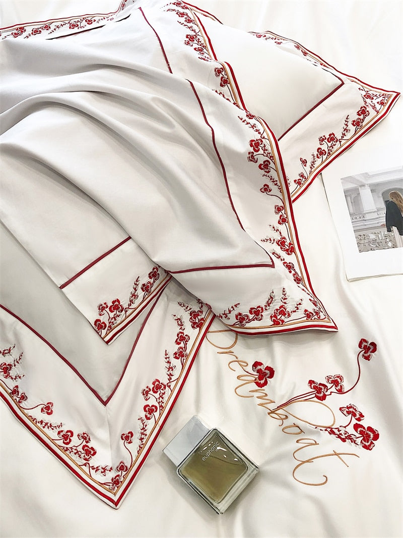 Premium White Red Patchwork Flowers Satin Duvet Cover Set, 1000TC Egyptian Cotton Bedding Set