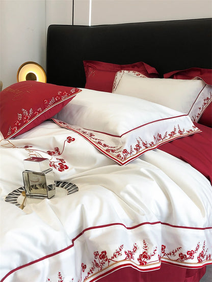 Premium White Red Patchwork Flowers Satin Duvet Cover Set, 1000TC Egyptian Cotton Bedding Set