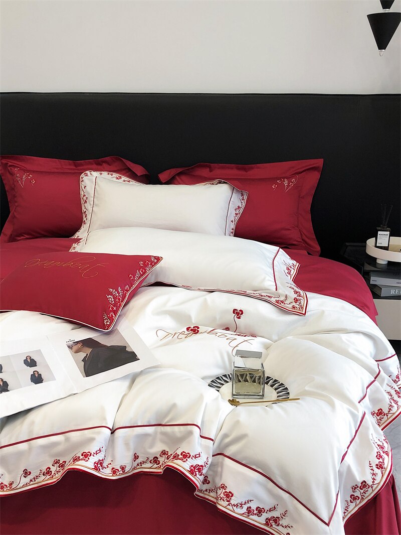 Premium White Red Patchwork Flowers Satin Duvet Cover Set, 1000TC Egyptian Cotton Bedding Set