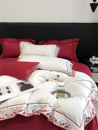 Thumbnail for Premium White Red Patchwork Flowers Satin Duvet Cover Set, 1000TC Egyptian Cotton Bedding Set