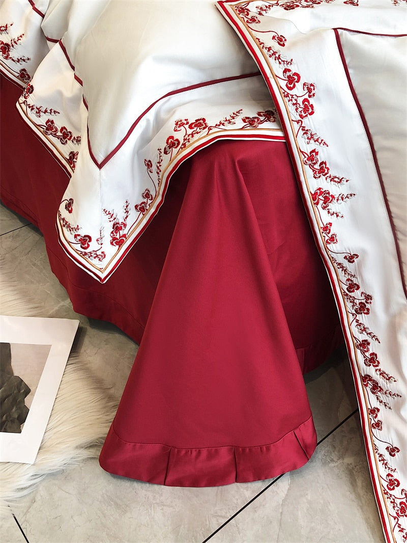 Premium White Red Patchwork Flowers Satin Duvet Cover Set, 1000TC Egyptian Cotton Bedding Set