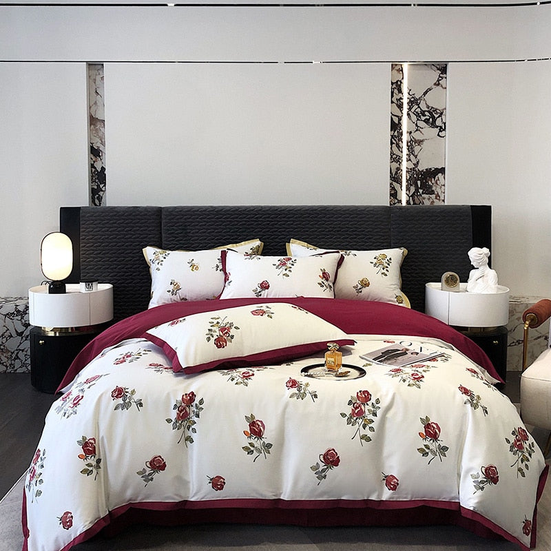 Red Wine Burgundy Rose Pattern Patchwork Rose Pattern Duvet Cover Set, 1000TC Egyptian Cotton Bedding Set