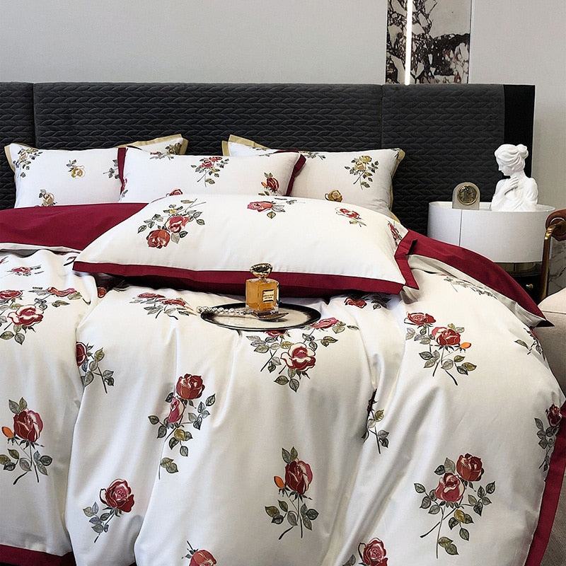 Red Wine Burgundy Rose Pattern Patchwork Rose Pattern Duvet Cover Set, 1000TC Egyptian Cotton Bedding Set