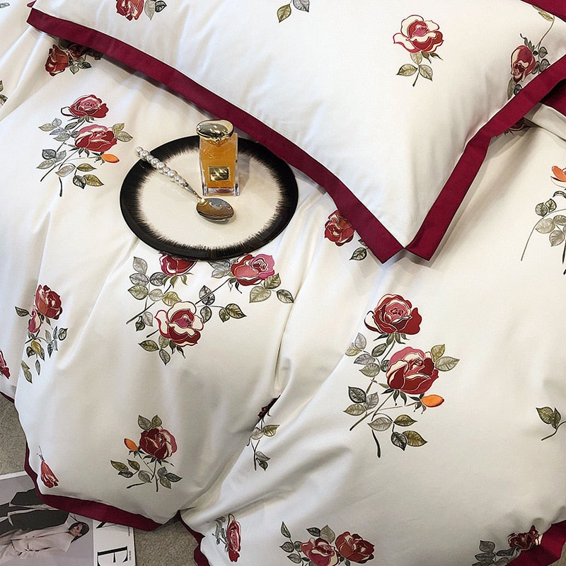 Red Wine Burgundy Rose Pattern Patchwork Rose Pattern Duvet Cover Set, 1000TC Egyptian Cotton Bedding Set