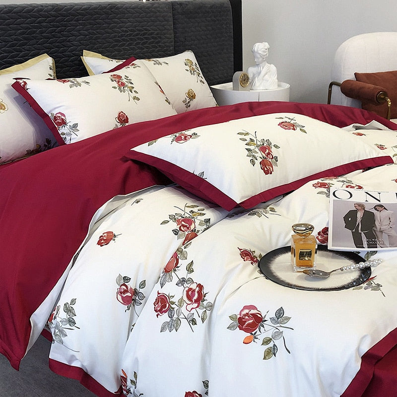 Red Wine Burgundy Rose Pattern Patchwork Rose Pattern Duvet Cover Set, 1000TC Egyptian Cotton Bedding Set