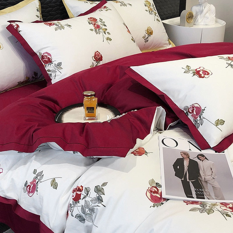 Red Wine Burgundy Rose Pattern Patchwork Rose Pattern Duvet Cover Set, 1000TC Egyptian Cotton Bedding Set