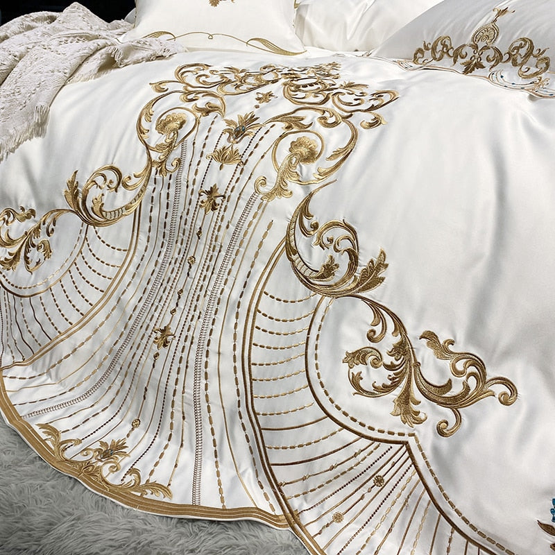 Red White Gold Embroidered Duvet Cover Set European Linen Lace Soft Satin Silk Bedding Set