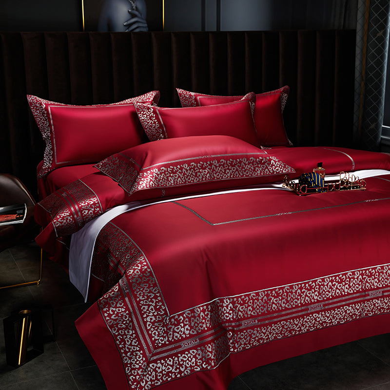 Luxury Red Wine Silver Leopard Print Euro Embroidered Duvet Cover Set, Egyptian Cotton 1000TC Bedding Set