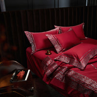 Thumbnail for Luxury Red Wine Silver Leopard Print Euro Embroidered Duvet Cover Set, Egyptian Cotton 1000TC Bedding Set