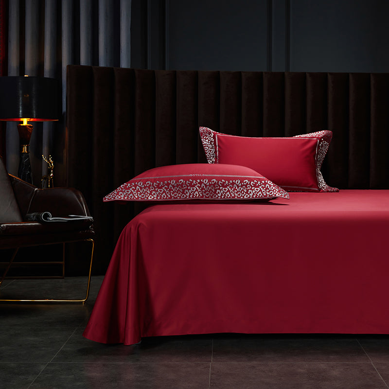 Luxury Red Wine Silver Leopard Print Euro Embroidered Duvet Cover Set, Egyptian Cotton 1000TC Bedding Set