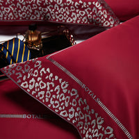 Thumbnail for Luxury Red Wine Silver Leopard Print Euro Embroidered Duvet Cover Set, Egyptian Cotton 1000TC Bedding Set