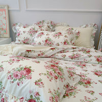 Thumbnail for Pink White Rose Floral Velvet Patchwork Flowers Duvet Cover, Fleece Fabric Bedding Set