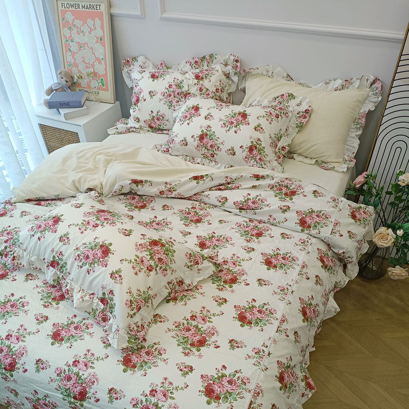 Pink White Rose Floral Velvet Patchwork Flowers Duvet Cover, Fleece Fabric Bedding Set